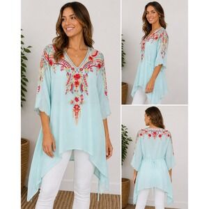 Johnny Was Tunic Top Light Blue Floral Embroidery Boho Handkerchief Hem‎ Size S